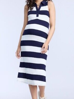 Kohl's Maternity Navy Blue White Striped Sleeveless Midi Dress Size M NWT